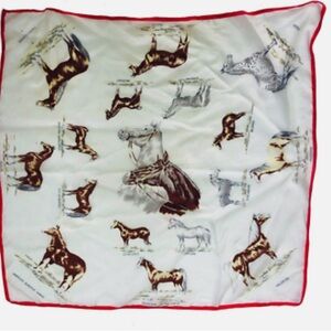 1960s Vintage Equestrian Horse Breeds Ivory Red Trim Square Scarf 28” Wild Rag